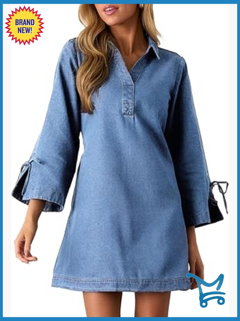 Denim Shirt Dress V Neck Bell Long Sleeve Mini A-Line Jean Dress Casual